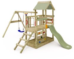 WICKEY speeltoestel klimtoestel TurboFlyer met schommel en pastelgroene glijbaan, outdoor klimtoren voor kinderen met zandbak, ladder en speelaccessoires voor de tuin