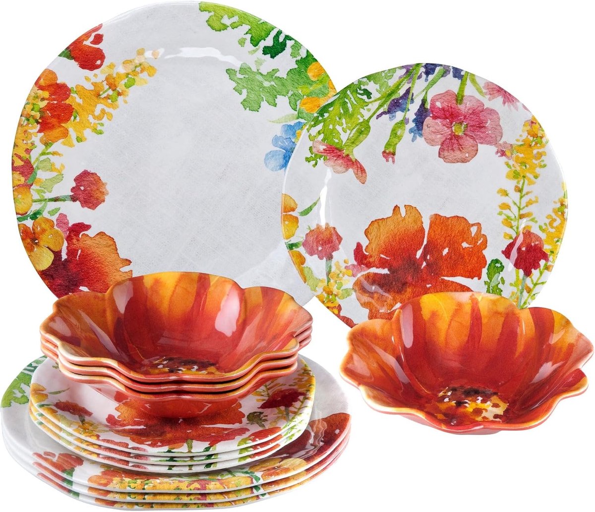 12-Delige Melamine Servies Set Bloemendesign voor 4 Personen