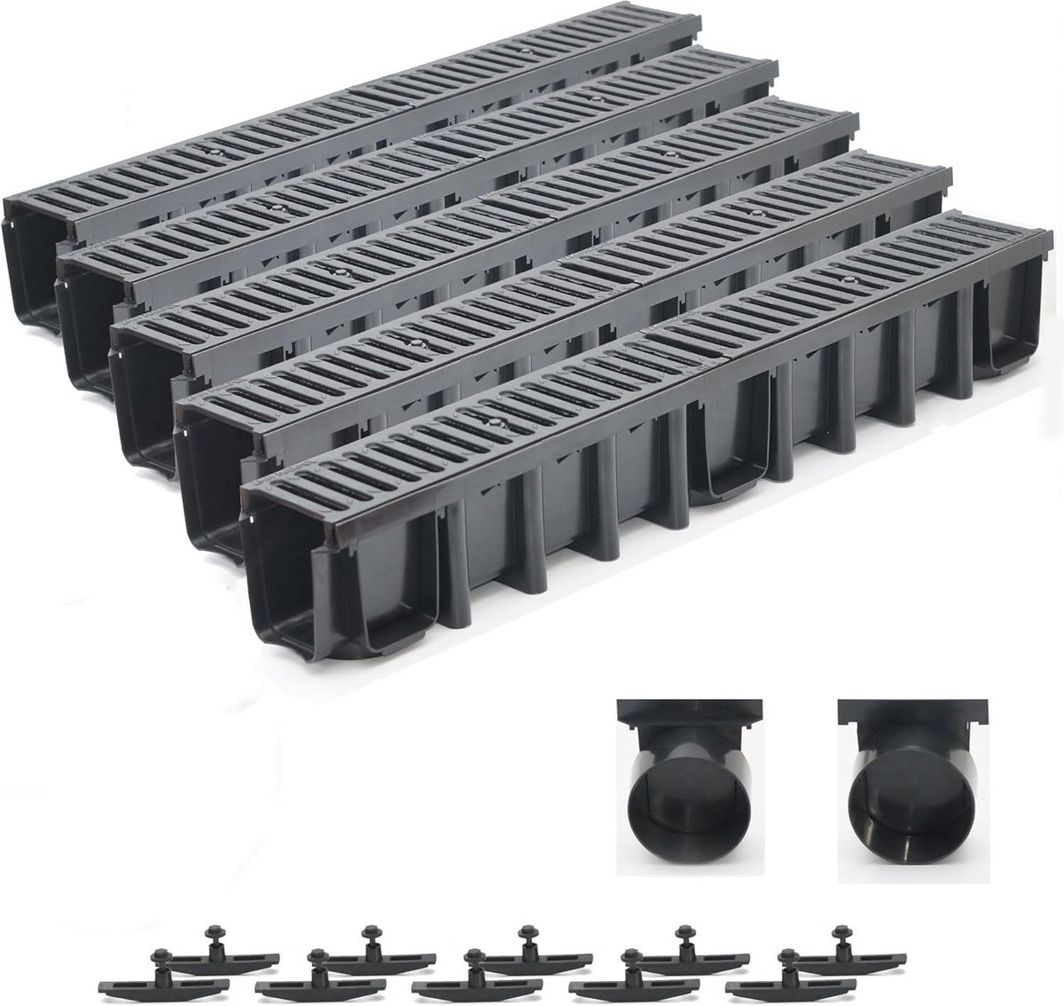 5 Meter Afvoergoot Set met Zwart Gietijzeren Rooster | Vloergoot voor Regenwaterafvoer | Hoogte 148mm A15 Belasting