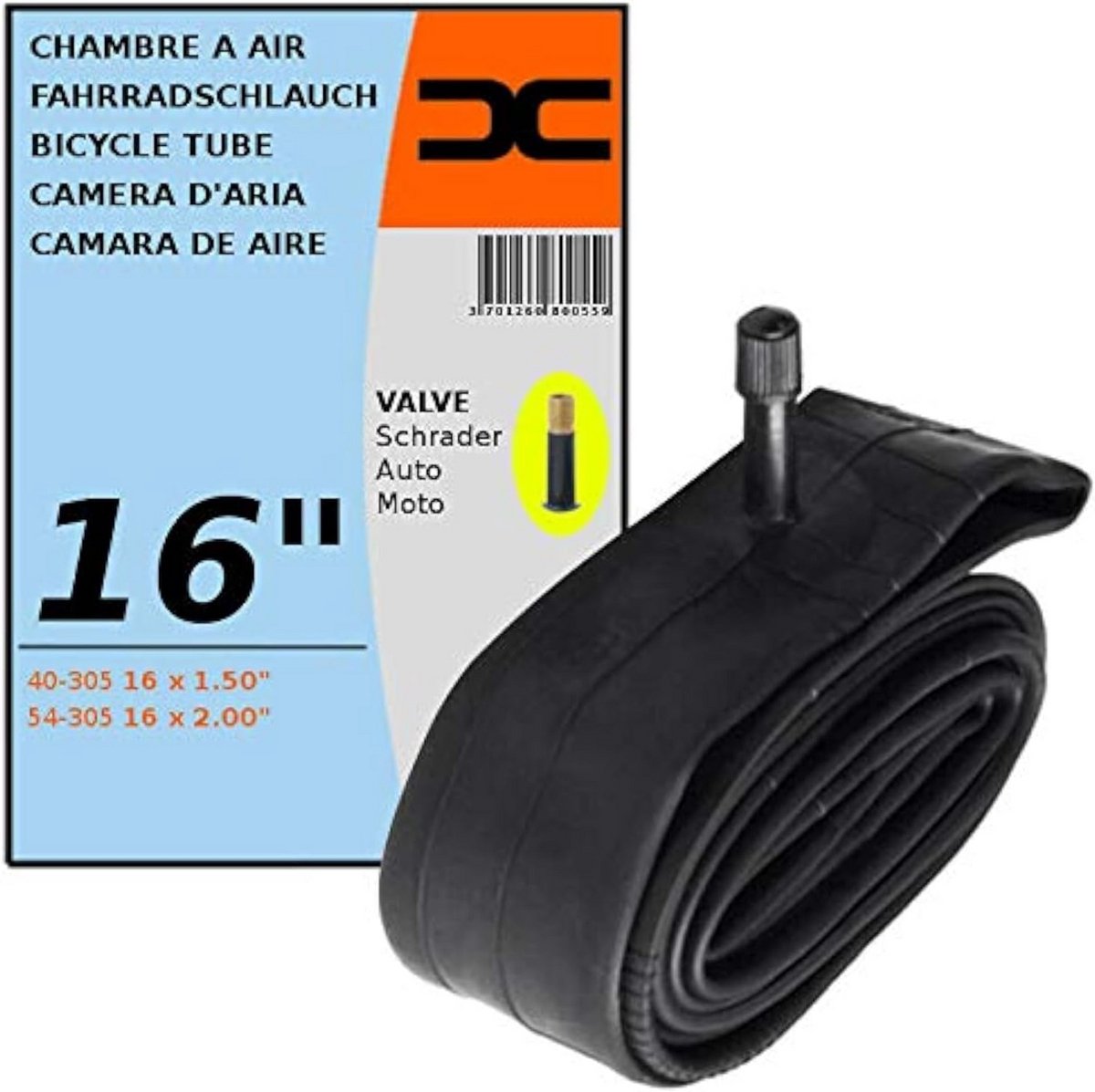 Fietsbinnenband 16 inch Schraderventiel Geschikt voor 1.50 tot 2.00 inch banden