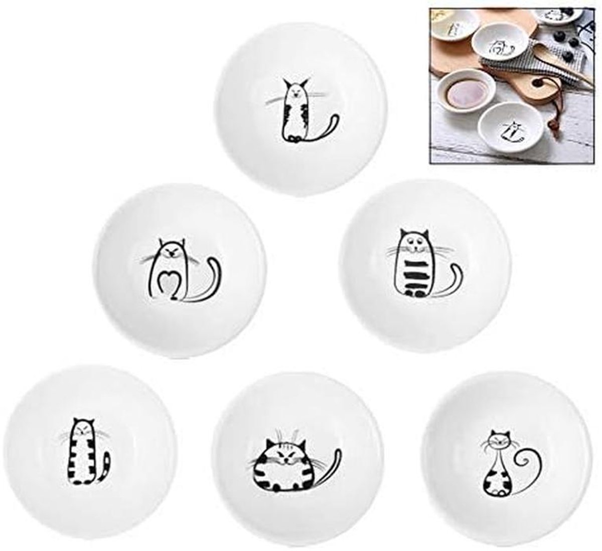 Set van 6 Kleine Keramische Borden - Sauskommetjes met Kattenontwerp voor Hapjes en Dip