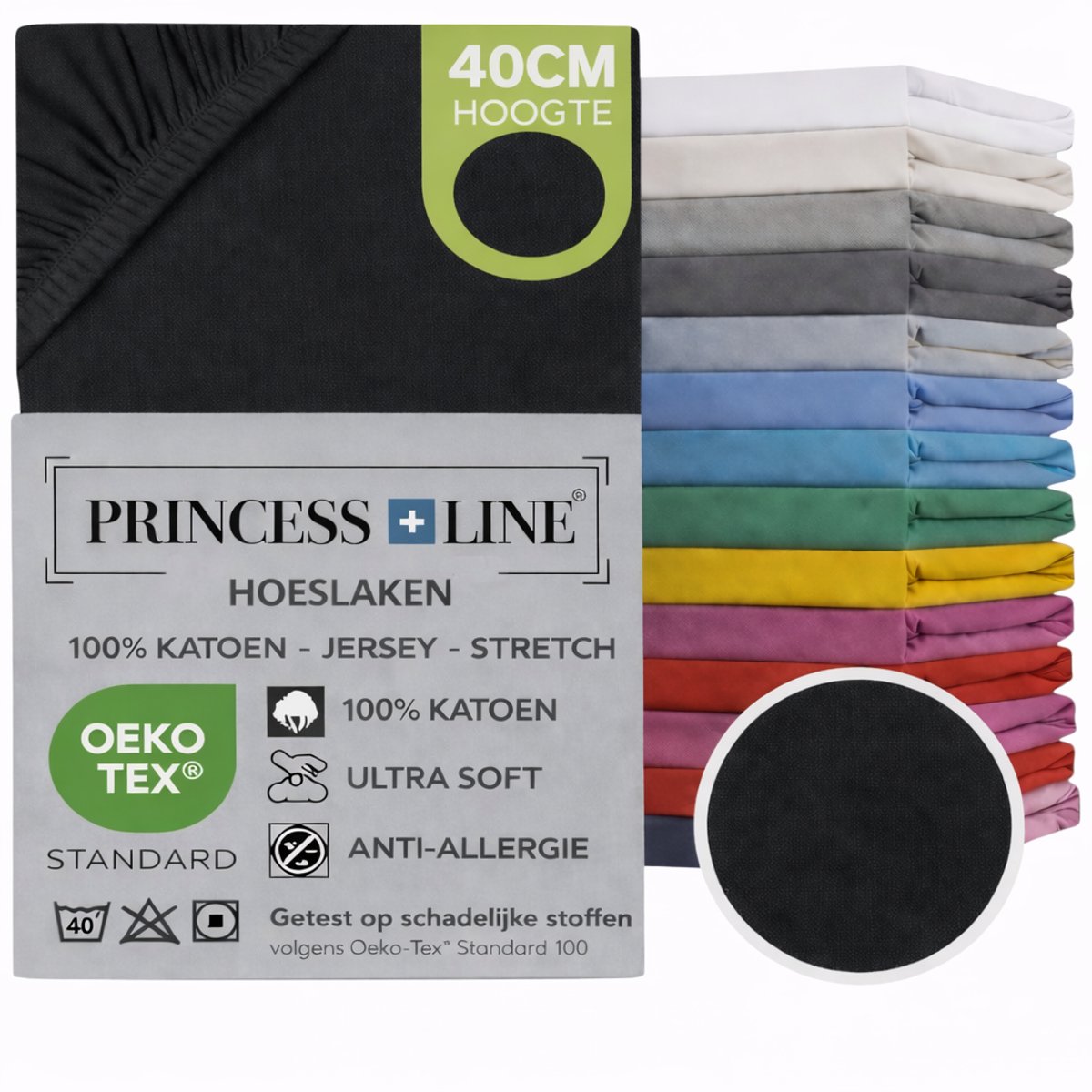 Princess Line- Comfortabel Ultra-Soft-Hoeslaken -100% katoen-Jersey -Stretch -Strijkvrij- Rondom elastiek-Hoekhoogte tot 40cm-Voor Boxspring-Waterbed-2Persoons-Lits-Jumeaux-190x200+40cm-Zwart