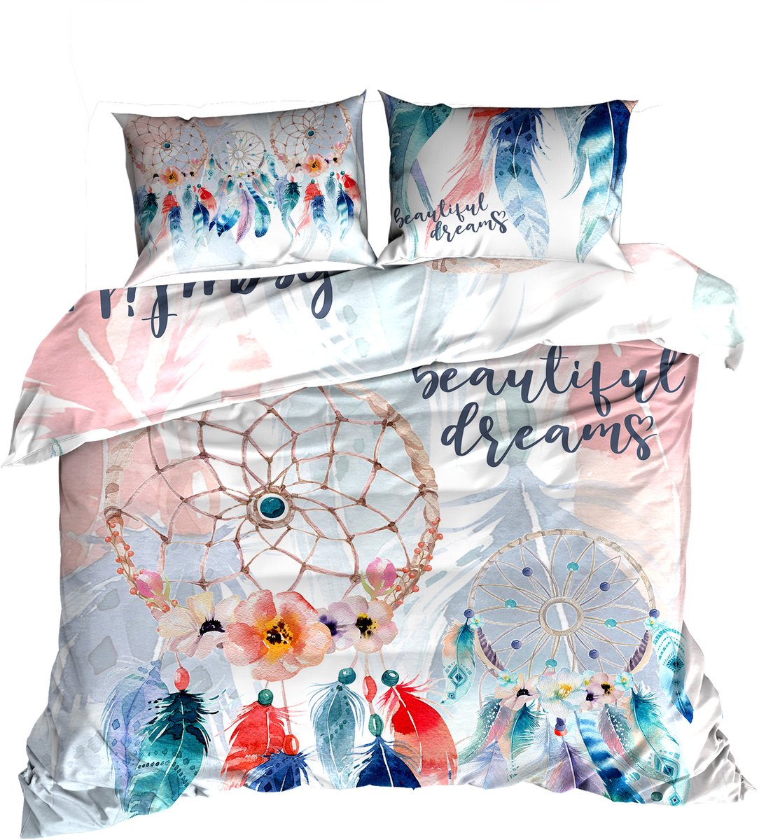 Boho 3D Dekbedovertrekset - Katoen Satijn - Lits-jumeaux 200x220 cm - Inclusief 2 Kussenslopen 70x80 cm - Design: "Łapacz Snów" Dromenvanger - Bohemian Style - Wit/Pastel/Veelkleurig