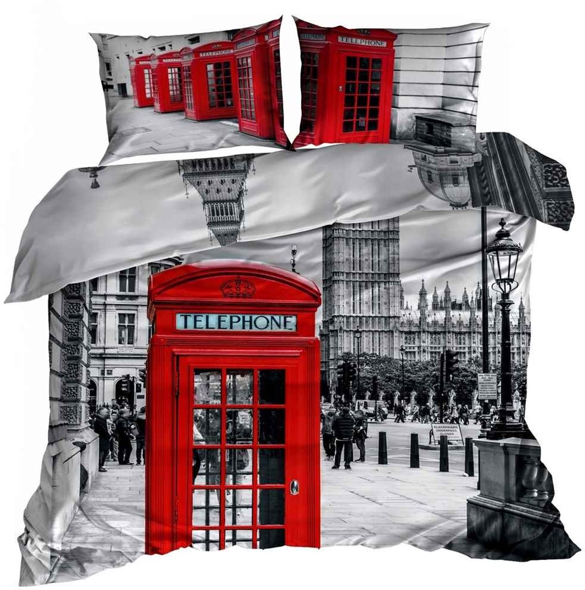 Luxe 3D Dekbedovertrekset - Katoen Satijn - 160x200 cm - Inclusief 2 Kussenslopen 70x80 cm - Design: London Calling - Rode Engelse Telefooncel - Urban Style