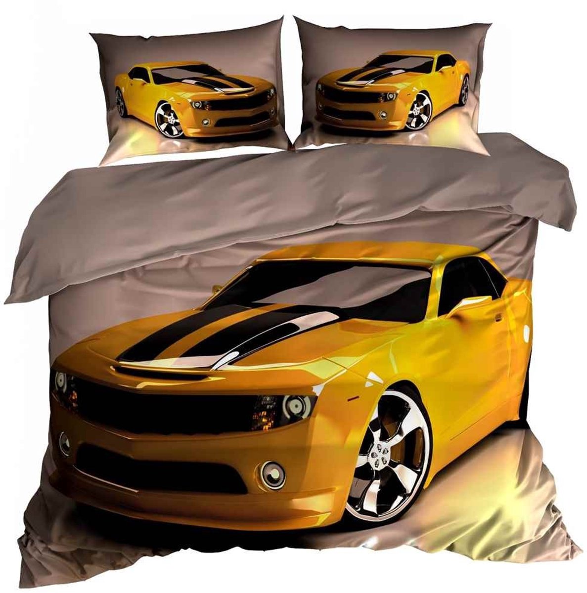 Comfort Premium - 3D Dekbedovertrek - 200x220 cm - Katoen Satijn - Gele Camaro Sportwagen - Inclusief 2 Kussenslopen 70x80 cm