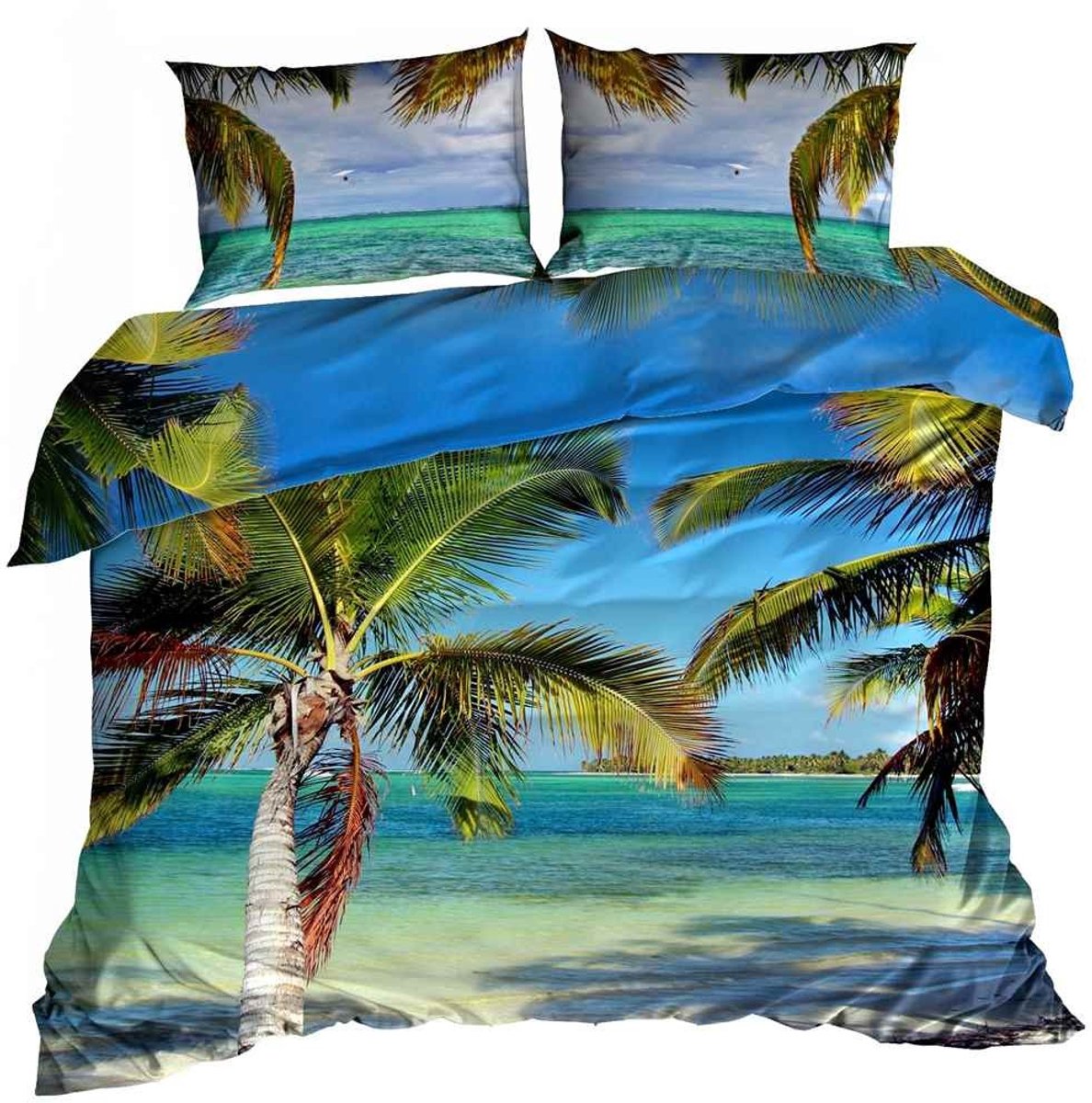 Luxe 3D Dekbedovertrekset - Katoen Satijn - 160x200 cm - Inclusief 2 Kussenslopen 70x80 cm - Design: Tropisch Eiland - Palmbomen & Azure Blauwe Zee - Exotic Paradise