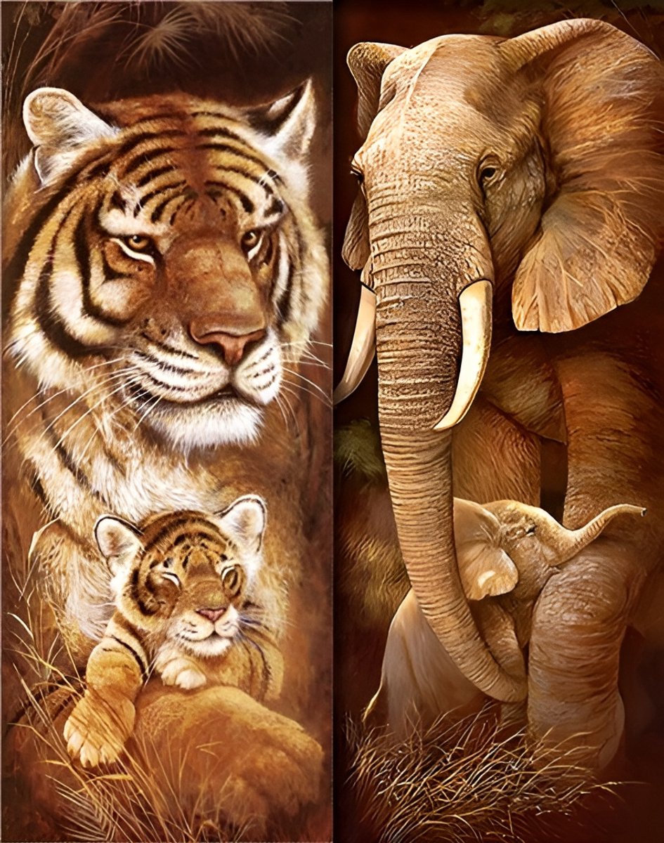 Diamond painting 2 luik - Olifant en tijger - 2x 30x70cm - vierkante steentjes - volledig beplakt - Diamond painting by Wietske