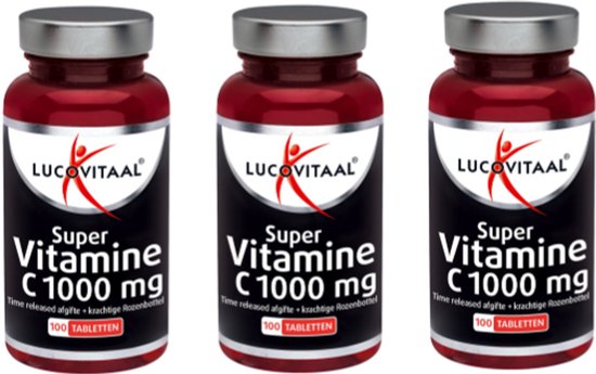 Drie donkerrode potjes Lucovitaal Super Vitamine C 1000 mg met zilveren dop.