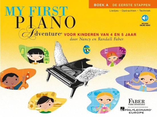 Vleugelpiano met vleugels, omringd door tekeningen van lachende kinderen en het opschrift 'My First Piano Adventure'.