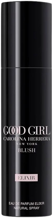 Zwarte cilinderfles met 'Good Girl Blush Elixir' logo en tekst.
