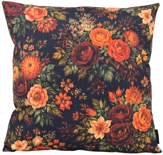Donkerblauw sierkussen met een overvloedige print van rode, oranje en gele rozen en bloemen. Gek op Kussens!