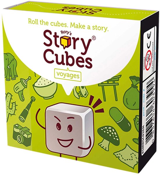 Rory's Story Cubes Voyages doos met illustraties van o.a. een olifant, cactus en reiskoffer.