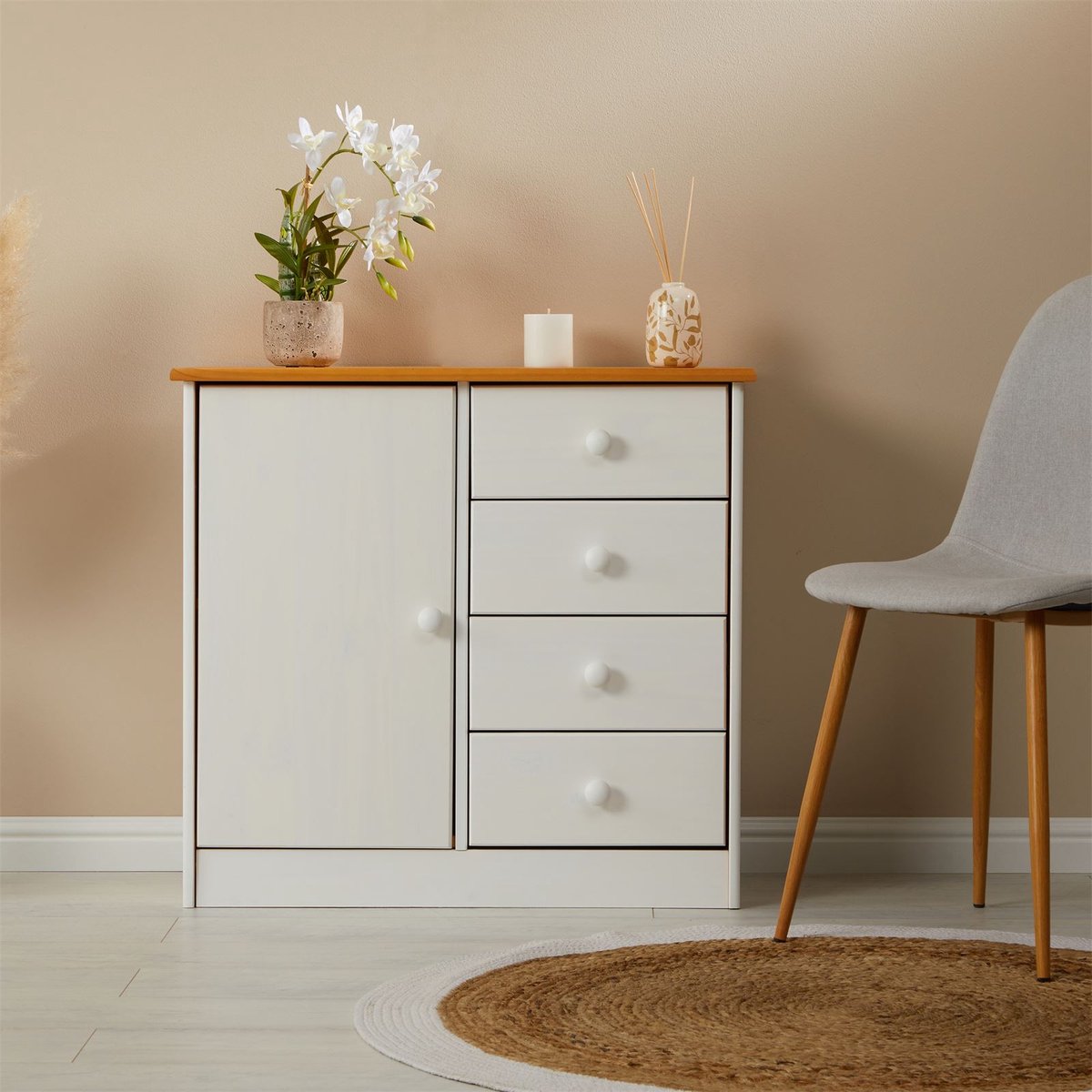IDIMEX Commode RONDO met 4 lades, grenenhout in wit/bruin
