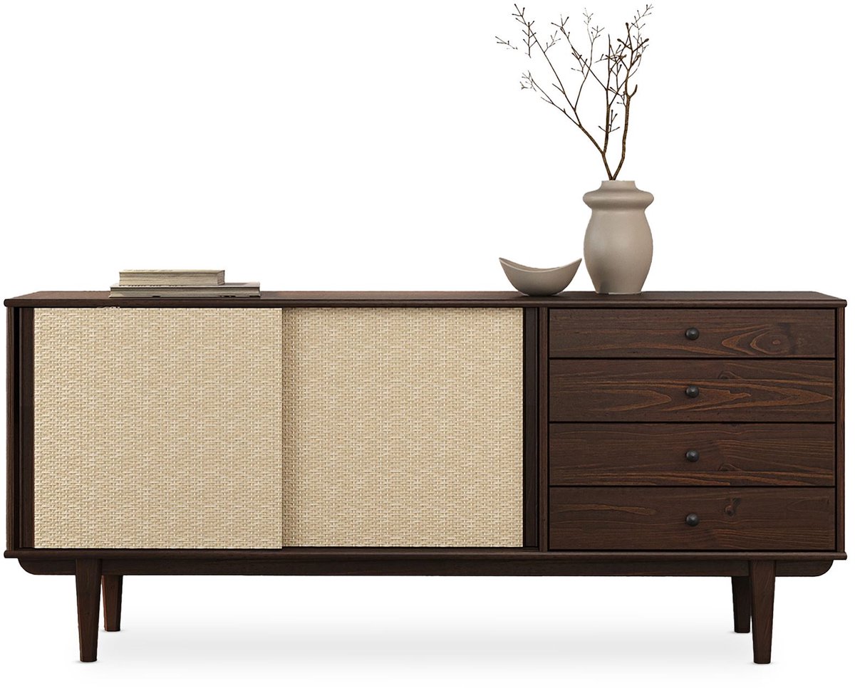 IDIMEX SIMONA-dressoir van massief hout met rotanvlechtwerk – in notenkleur bruin