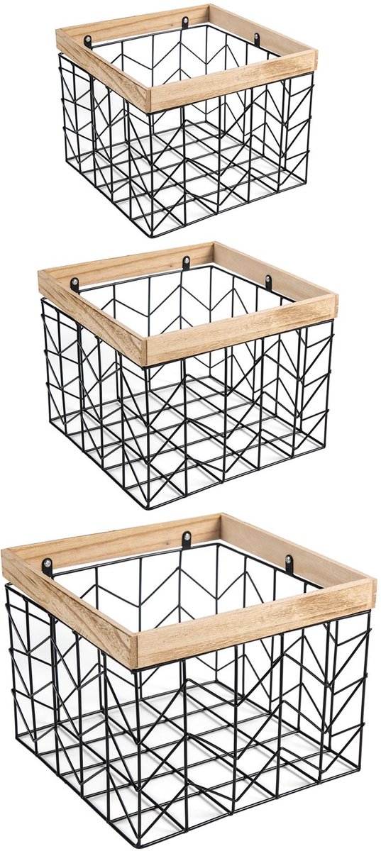 Metalen mand BOHAI set van 3 zwarte - verschillende maten, stevige opbergmand met houten frame, stapelbaar, voor badkamer, garderobe, berging. Ideaal als voorraadkast - hoofdafbeelding