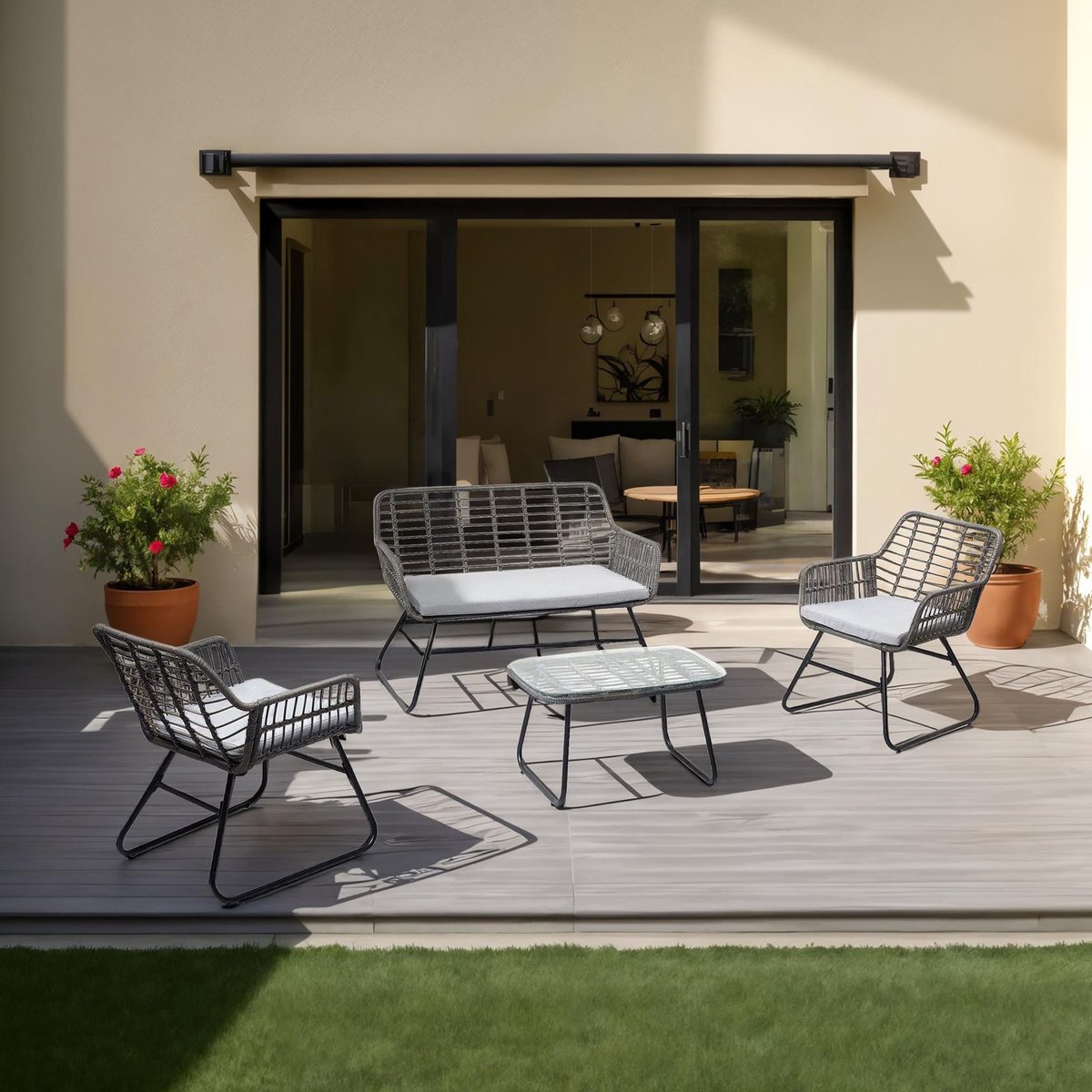 Tuinmeubilair RIVIERA, zwart & grijs - tweezits loungeset met 2 fauteuils en bijzettafel, kleine tuinbank van polyrattan, weerbestendig metalen frame - hoofdfoto
