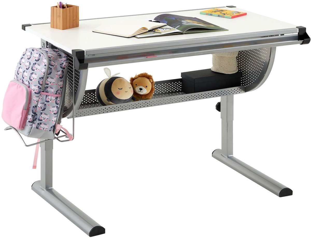 Kinderbureau MADS Schoolbureau Jeugdbureau in hoogte verstelbaar en kantelbaar, wit, stevig metalen frame - Hoofdafbeelding