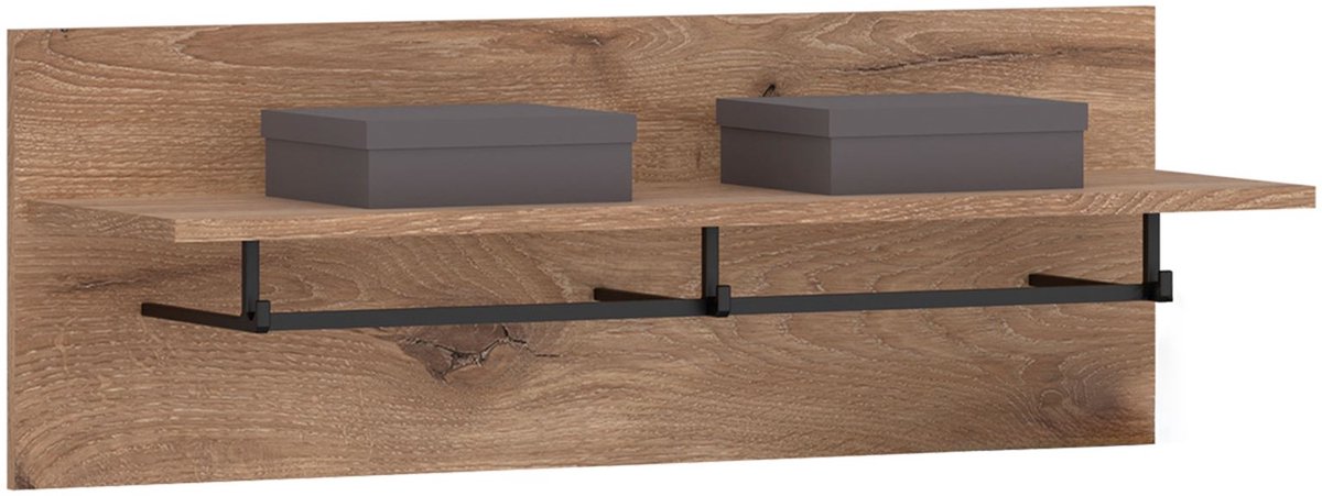 MALEA wandkapstok met 1 plank en kledingstang in eiken Viking. Wandkapstok van spaanplaat. Wandkapstok met metalen stang in zwart gelakt - hoofdafbeelding