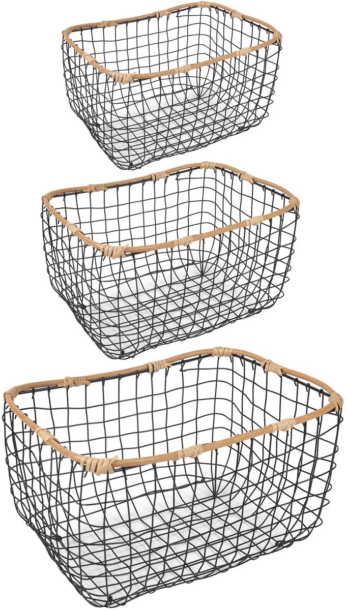 Metalen mand JIMO set van 3 zwarte opbergmanden met frame in rotan look voor woonkamer badkamer keuken stapelbare draadmand - belangrijkste afbeelding