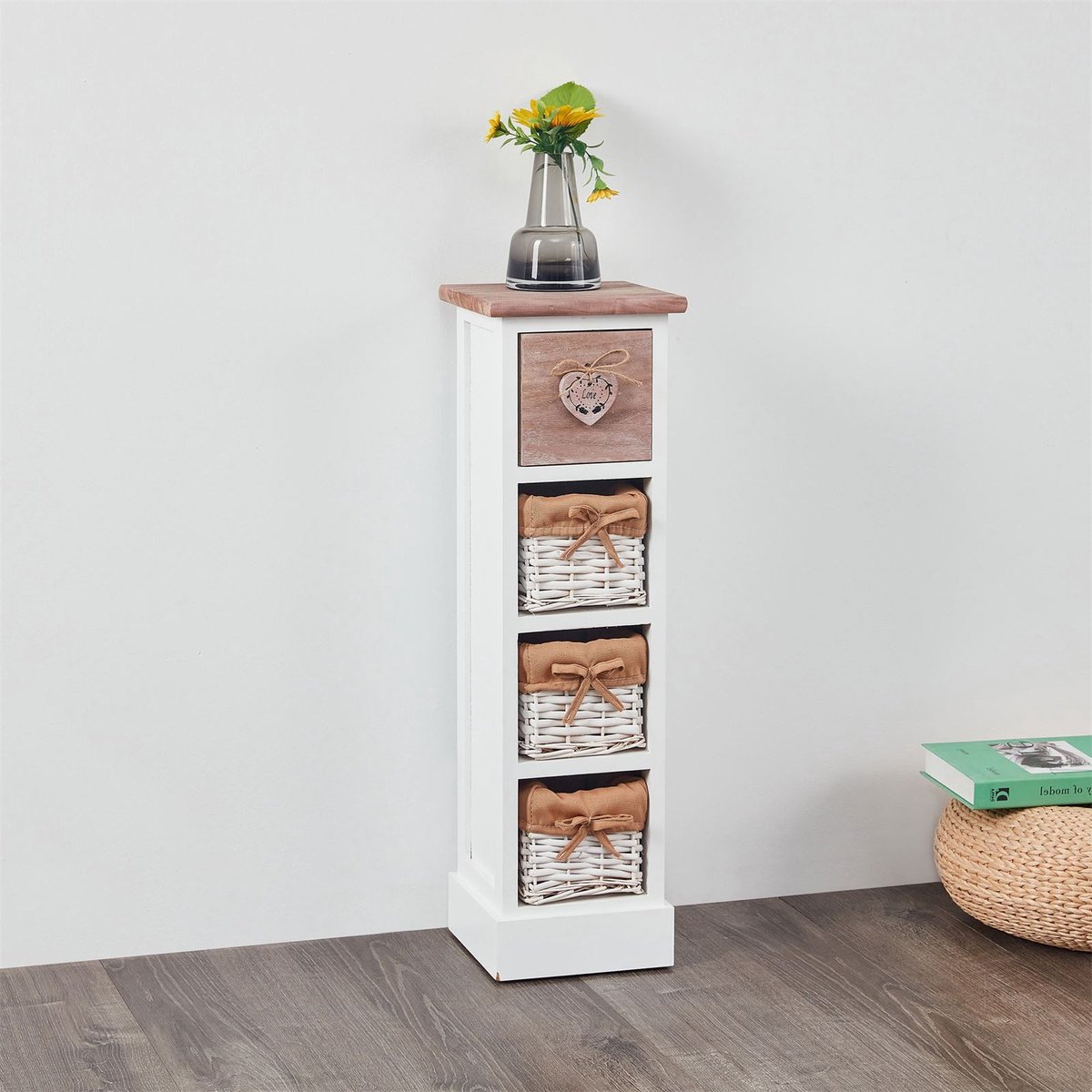 IDIMEX Ladekast FLOWER, paulowniahout wit/bruin, met 1 lade en 3 manden