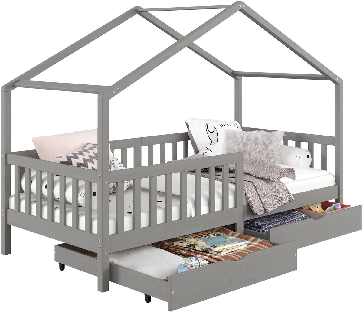IDIMEX Huisbed ELEA, 90 x 200 cm, van massief grenenhout met lades - grijs