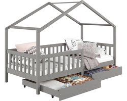Huisbed ELEA, 90 x 200 cm, van massief grenenhout met lades - grijs