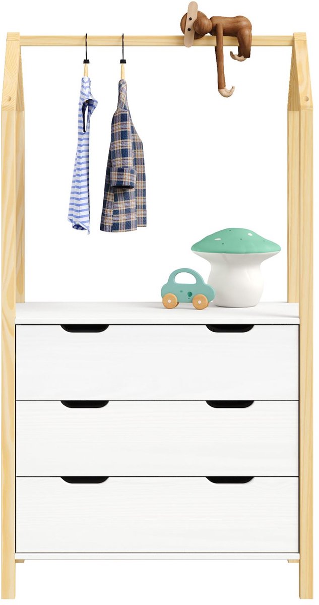 Kindercommode AMIRA met kledingstang in huisvorm - naturel/wit, 3 laden, geïntegreerde kledingstang, opbergruimte voor kleding, speelgoed, boeken, grenenhout - grote afbeelding