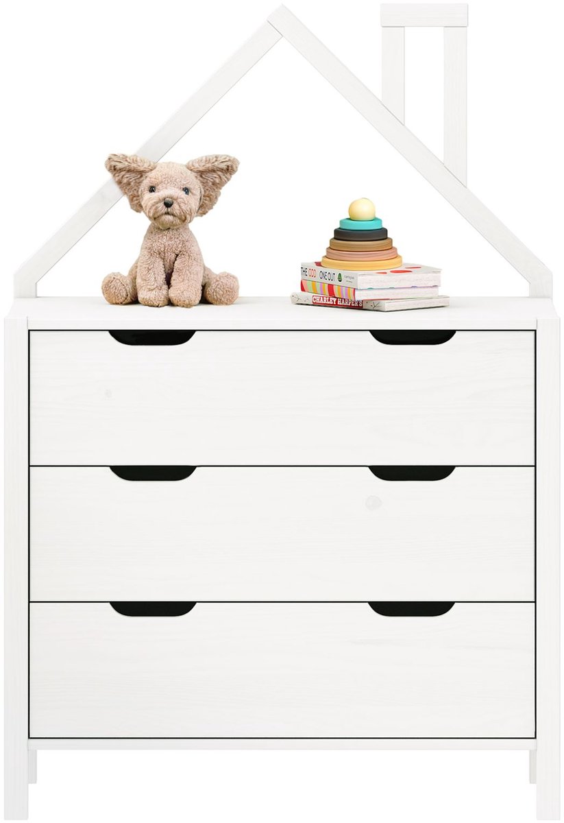 Ladekast ELANO in huisvorm - wit, massief grenen hout, 3 grote laden, kinderkamer opbergruimte, kledingkast, kinderkamer meubels, ladekast - hoofdfoto
