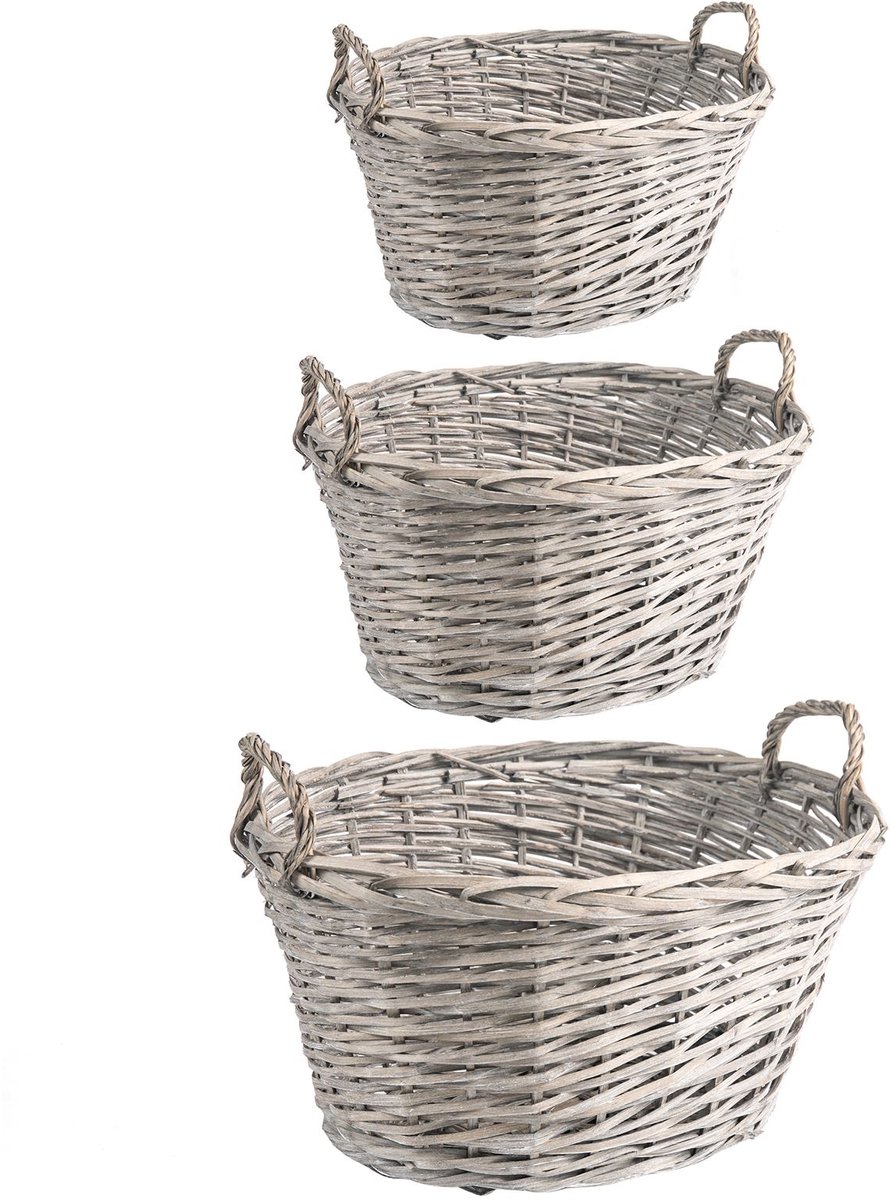 Rieten mand JUNAN, set van 3 rieten manden, grijs, verschillende maten, geschikt voor buitengebruik, plantenmand met handvat, plantenmand, bloemenmand, decoratieve mand voor de tuin - belangrijkste afbeelding