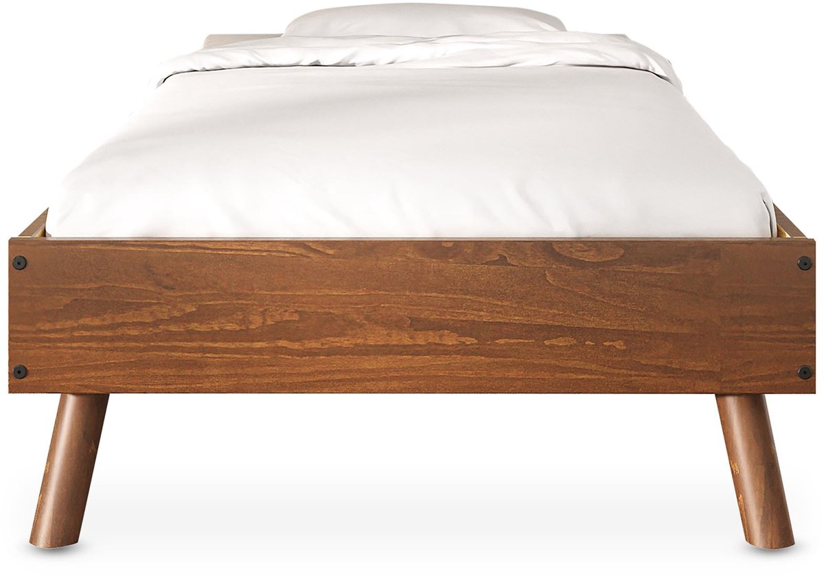 KARRI massief houten futonbed, 100 x 200 cm, kastanje - houten bed met taps toelopende poten, eenpersoonsbed voor slaapkamer, massief houten bed met lage framehoogte, klassiek ontwerp - ambiente