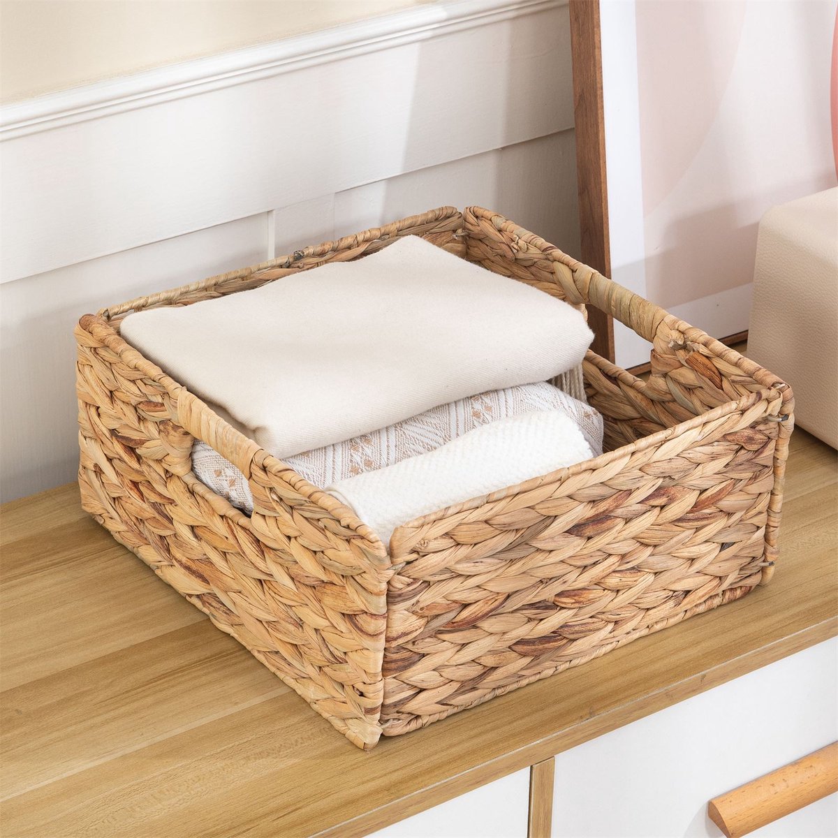 Opbergmand LANZI set van 2 naturel - geweven van waterhyacint, opbergdoos, organizer van waterhyacint, opvouwbaar met handgrepen, opbergmand 32 x 15 x 32 cm - belangrijkste afbeelding
