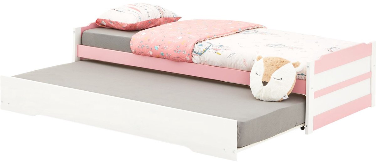 LORENA tandembed in 190 x 90 cm massief grenen met uitschuifbaar bed in wit/roze