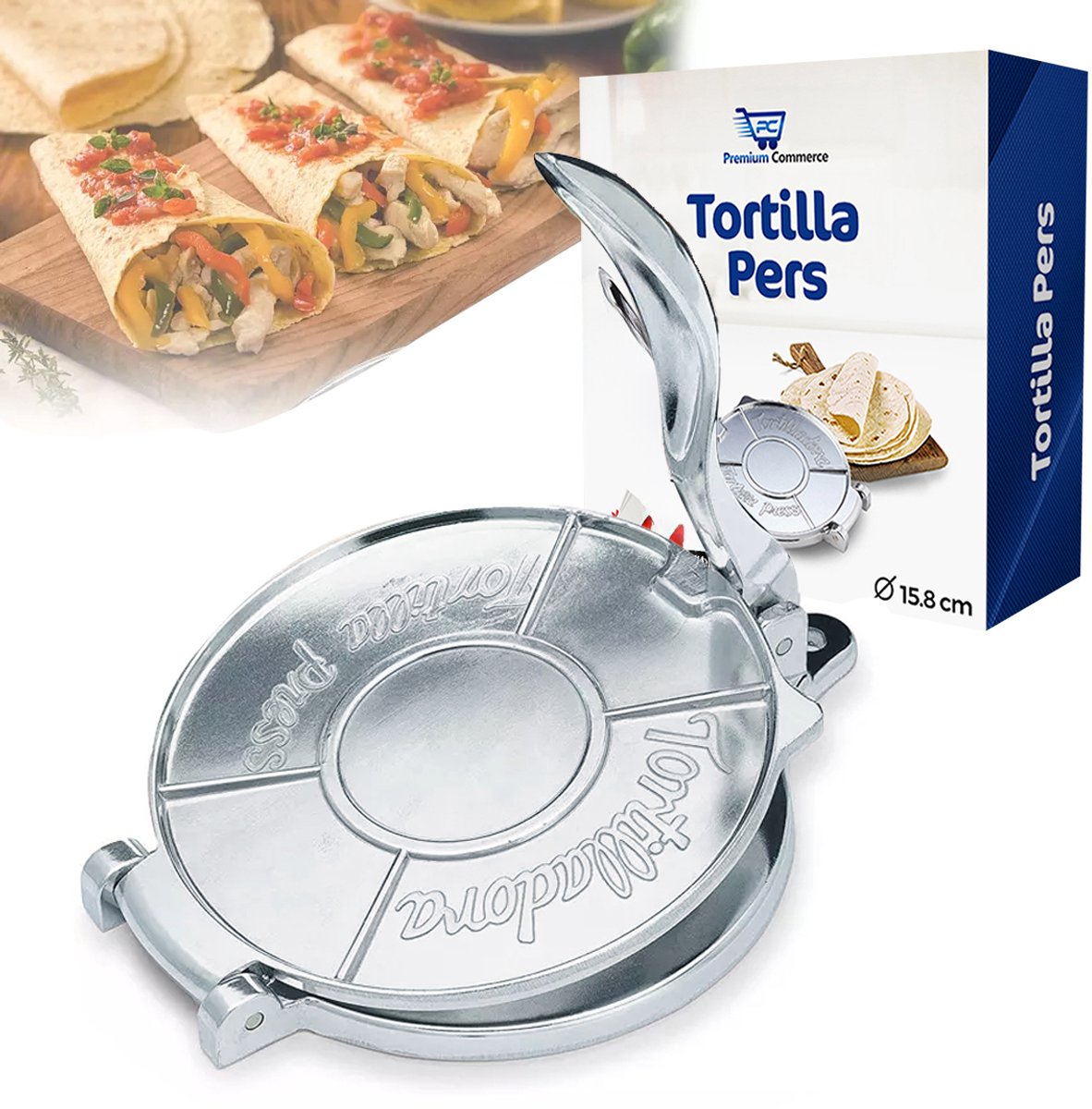 Premium Commerce® - Tortilla Pers - Roti maker - Tortillapan - Taco Press - Wrap - Ø15.8 cm - Incl. 20 Persvellen!
