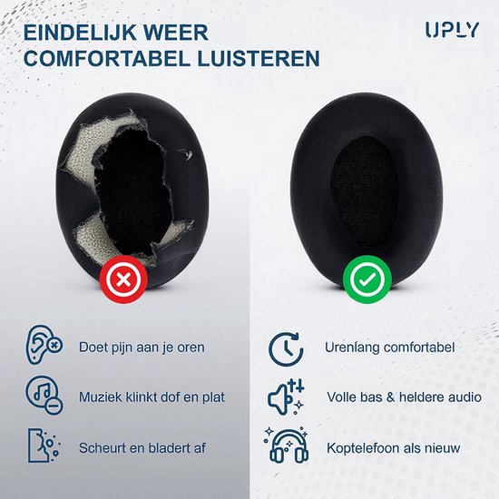Vergelijking van oude en nieuwe oorkussens: oude zijn gescheurd en pluizig, nieuwe zijn zwart en intact. Bieden comfort en helder geluid.