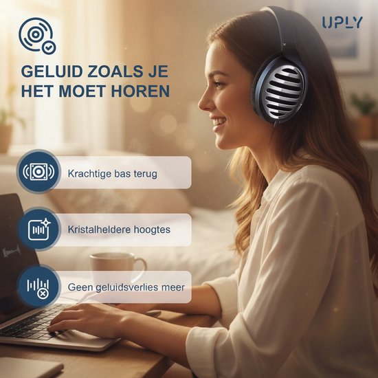 Vrouw met koptelefoon, luisterend naar muziek. Belicht krachtige bas, kristalheldere hoogtes en geen geluidsverlies.