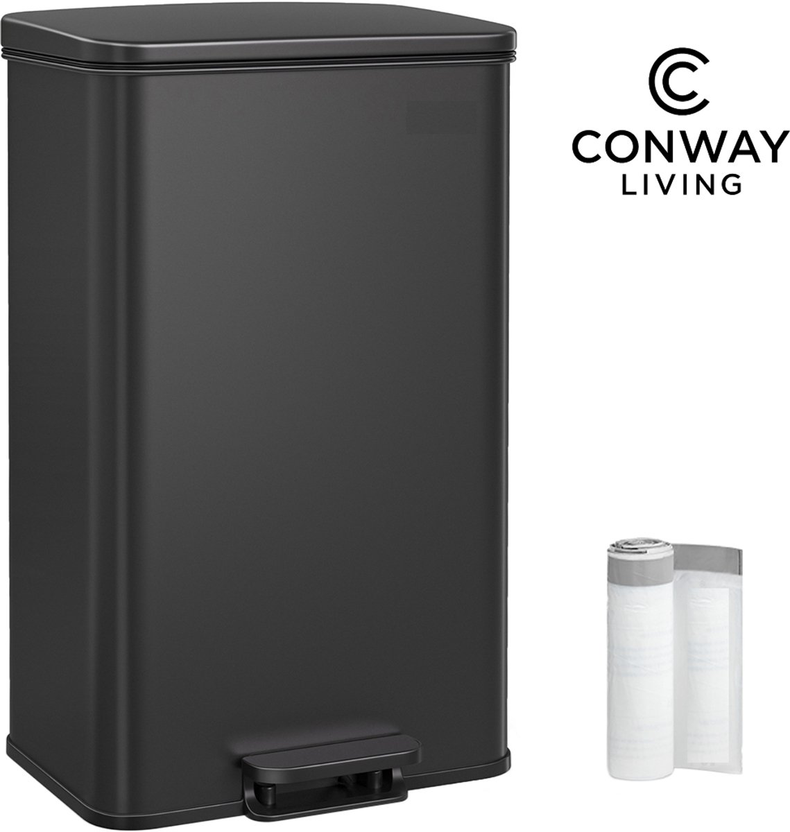 Conway Living® - Keuken prullenbak 40L – Soft‑Close Pedaalemmer – RVS Kwaliteitsstaal – Geruisloos Deksel – Zakretentiering voor Extra Ruimte – Hygiënisch Handsfree – Inclusief 15 Perfect Passende Afvalzakken – Afvalemmer voor Keuken & Huishouden