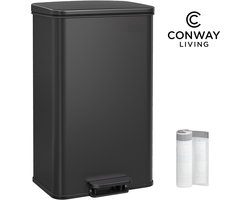 Conway Living® - Keuken prullenbak 40L – Soft‑Close Pedaalemmer – RVS Kwaliteitsstaal – Geruisloos Deksel – Zakretentiering voor Extra Ruimte – Hygiënisch Handsfree – Inclusief 15 Perfect Passende Afvalzakken – Afvalemmer voor Keuken & Huishouden