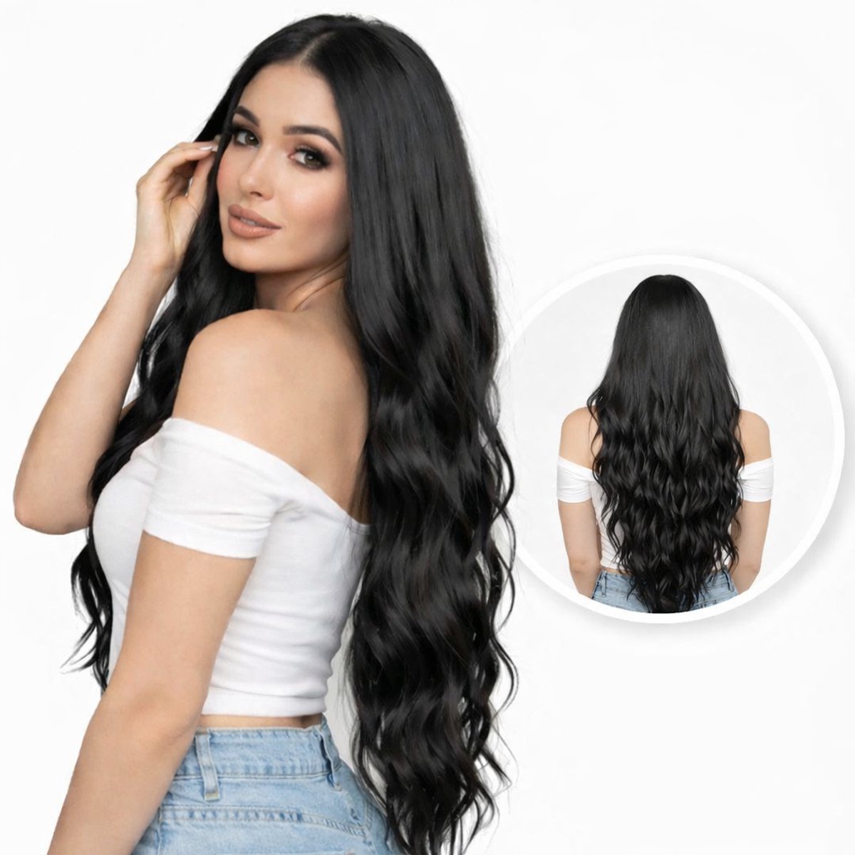 Nifkos - Zwarte Pruik - Pruiken Dames Lang Haar - Wig - Haarwerk - Wasbaar - Zwart - Carnaval - 70 cm