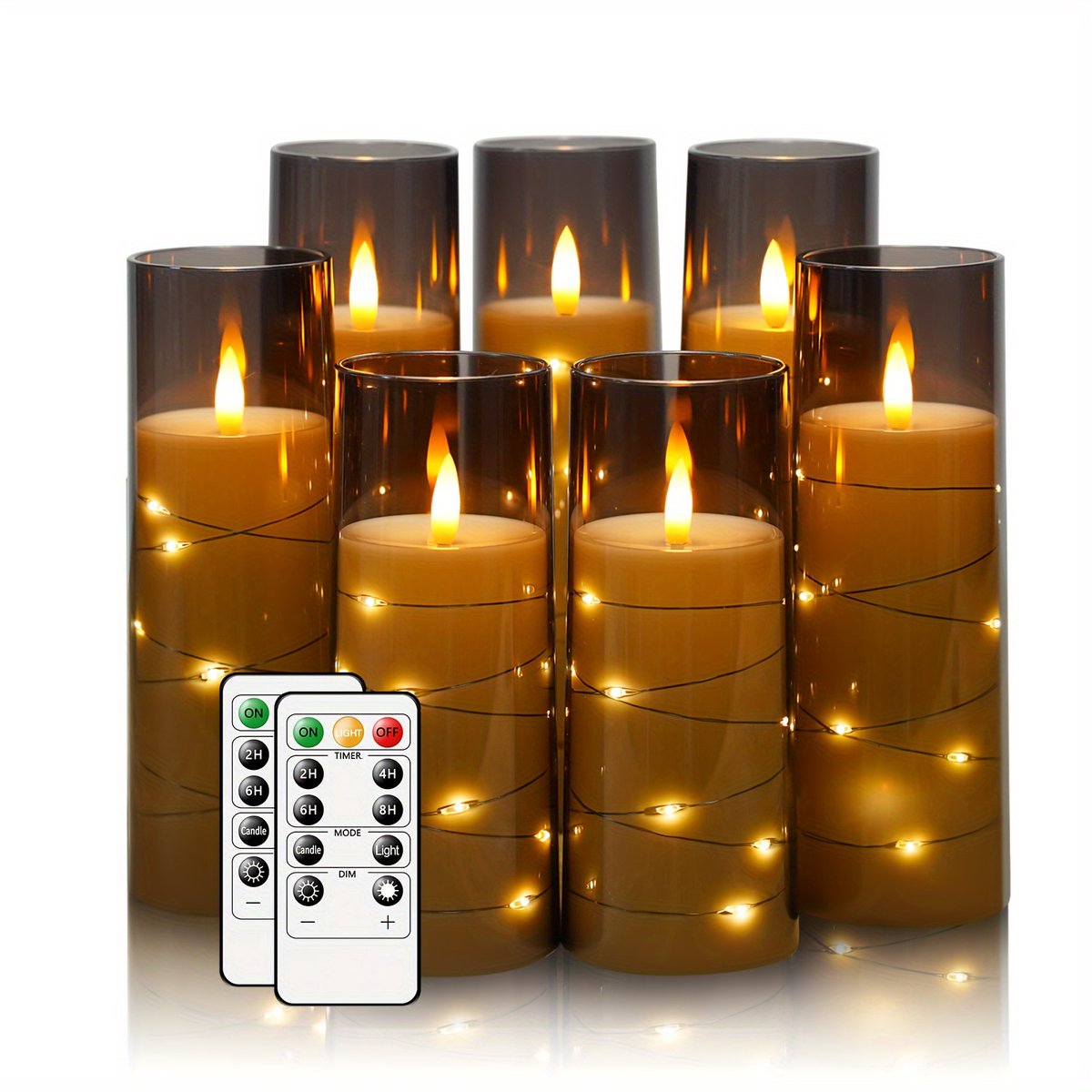 Led kaarsen-Ledkaarsen met afstandsbediening-7 delige LED Vlamloze Kaarsen Sterrenslinger met Timer-Acryl LED Pilaarkaarsen met Flikkerend Effect-(Grijs).