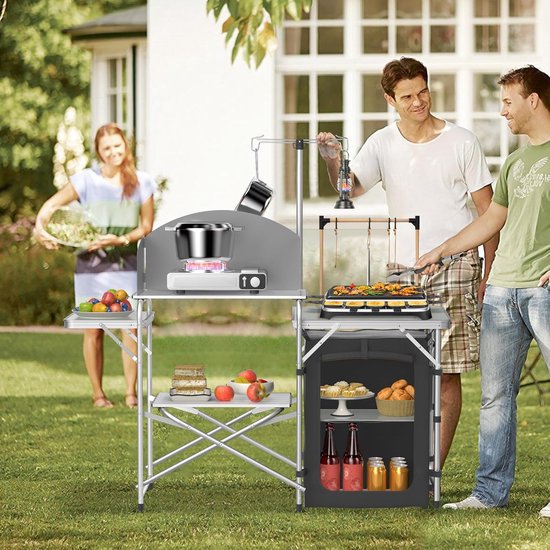 146x46x141cm Campingkeuken, Inklapbare Campingkast, Opvouwbaar Outdoor Keuken, Keukentafel met Werkbladen, Aluminium Keukenkast Set incl. Draagtas en Lichtstandaard, Windscherm, NAIZY — afbeelding 3