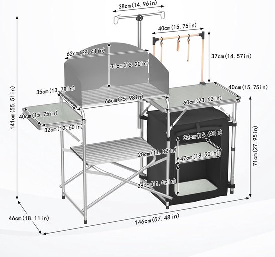 146x46x141cm Campingkeuken, Inklapbare Campingkast, Opvouwbaar Outdoor Keuken, Keukentafel met Werkbladen, Aluminium Keukenkast Set incl. Draagtas en Lichtstandaard, Windscherm, NAIZY — afbeelding 2