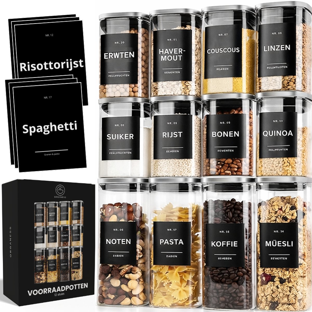 Organess Voorraadpotten RVS deksel - 12 Delige set - Glas met deksel - Snoeppot - Glazen voorraadpotten - 4x 1000ml & 8x 600ml