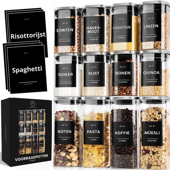 Organess Pots de rangement en inox couvercle - Ensemble 12 pièces - Verre avec couvercle - Pot à bonbons - Pots de rangement en verre - 4x 1000ml & 8x 600ml