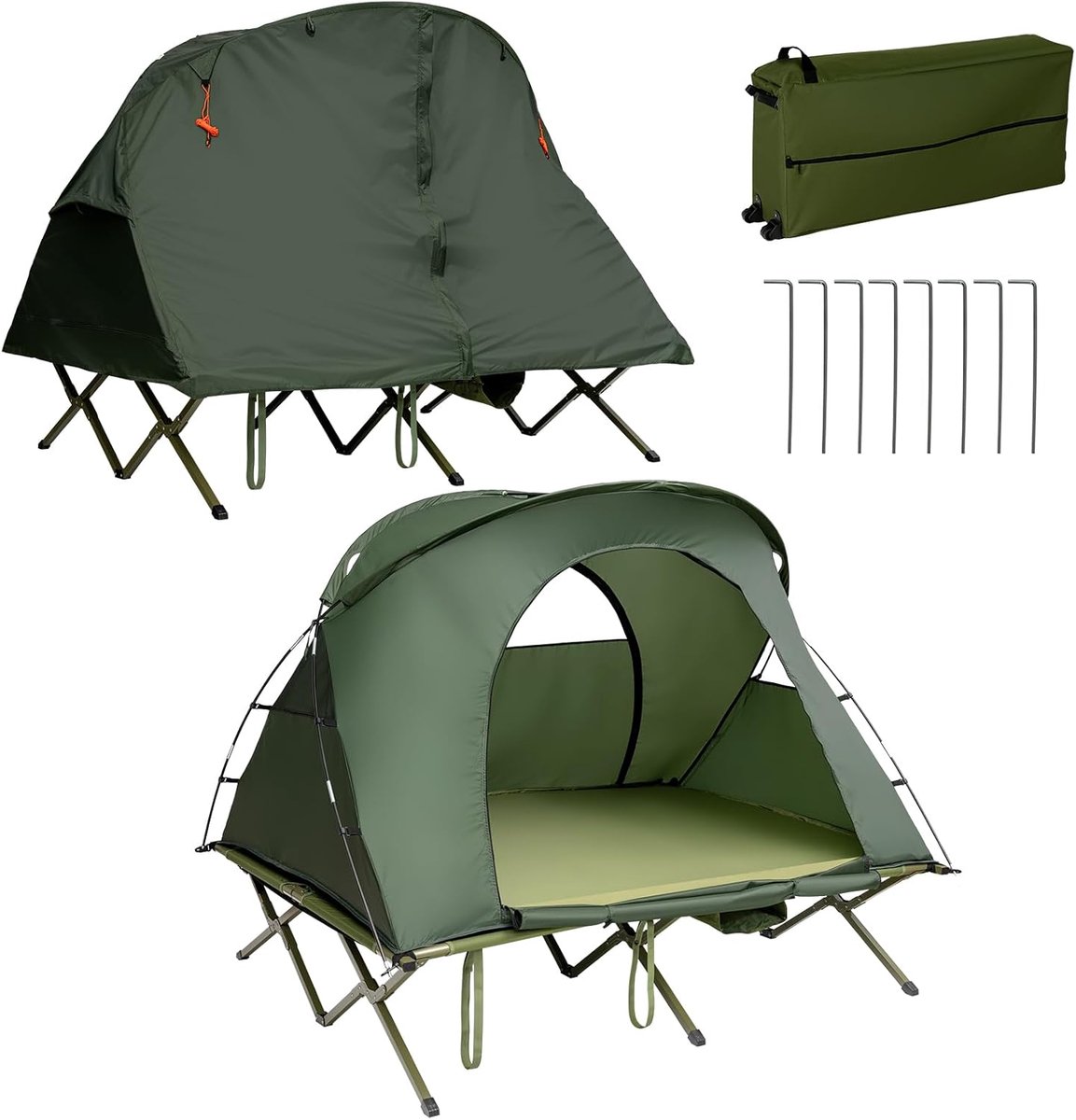 KOMFOTTEU Veldbed met tent voor 2 personen, 4-in-1 campingtent, waterdicht, met regenhoes, luchtmatras, kussen, draagtas op wielen, campingbed, campingbed voor wandelen en picknick