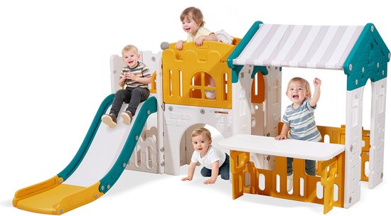 VEVOR Buitenspeelhuis, Buitentuinhuisje (Glijbaan/Basketbal/Telescoop/Stuurwiel/Kruiptunnel/Uitverkoopvenster) Kinderspeelhuis voor Peuters Vanaf 1 Jaar, Kinderhuis van HDPE-kunststof