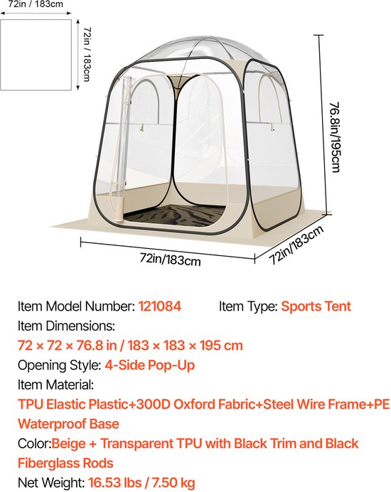 VEVOR Transparante tent, 183x183x195 cm, pop-up tent voor 5-6 personen, sporttent met grondmat en bovenzeil, buitenbubbeltent, kampeerschuilplaats voor evenementen, vissen, feesten van Merkloos — afbeelding 4
