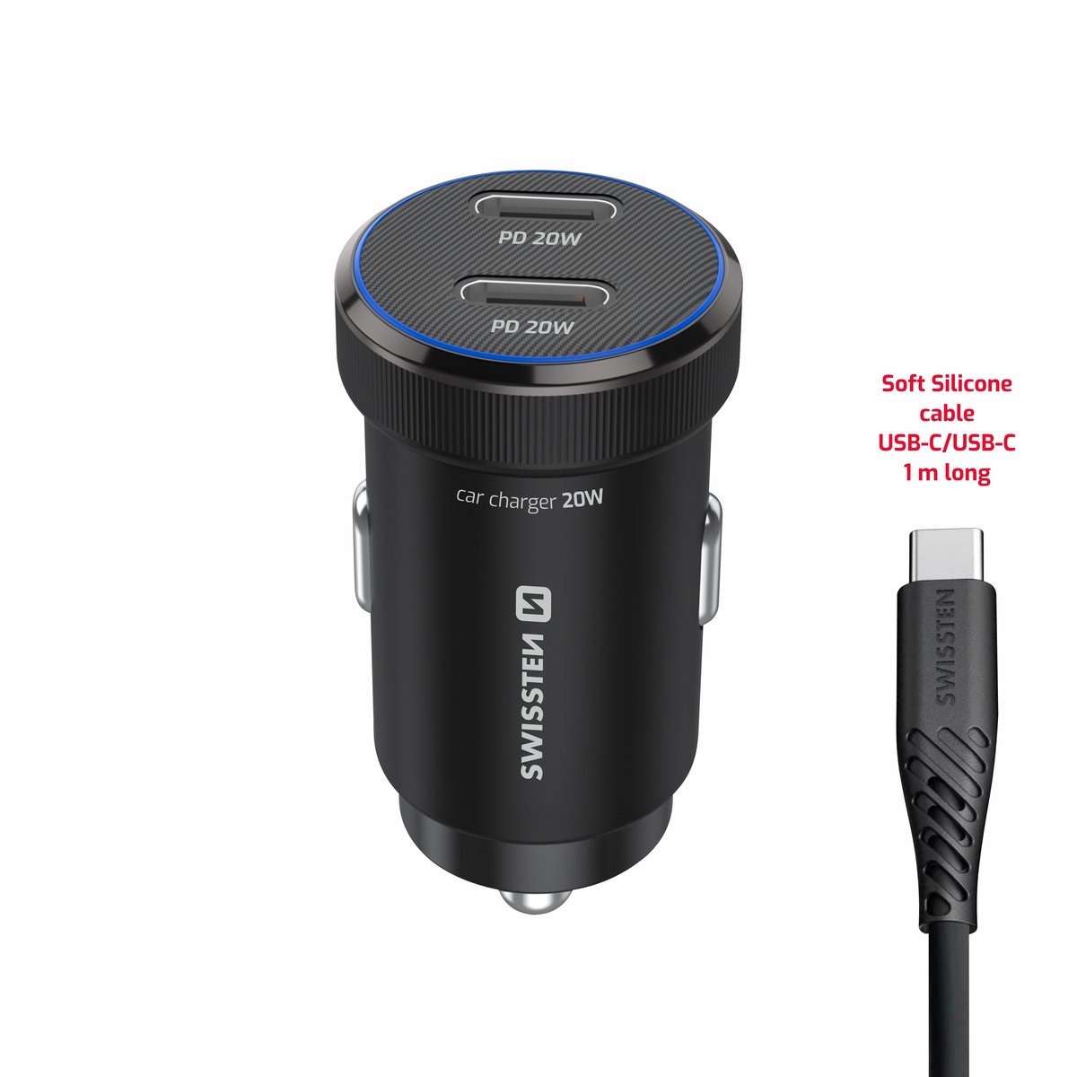 Swissten Dual USB-C Mini Autolader 20W met USB-C Kabel – Zwart