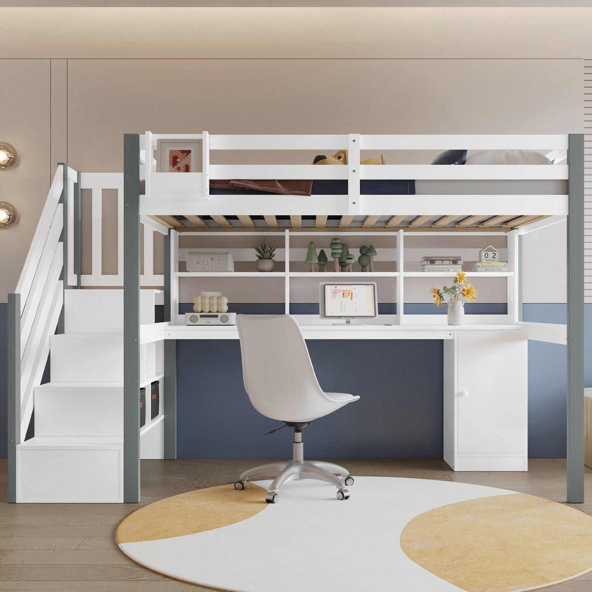 Wishdor Halfhoog Bed – 90 x 200 cm – Met Bureau en Opbergruimte – Zijtrap met Opberglade – Wit en Grijs – Inclusief Boekenkast en Stoffen Opbergboxen – Complete Studie- en Slaapplek voor Kinderkamer – FSC Gecertificeerd Wit+Grijs