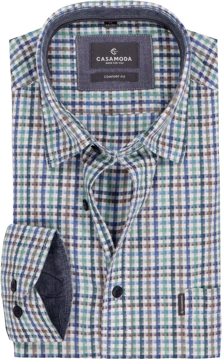 CASAMODA Sport comfort fit overhemd - popeline - wit met blauw en groen geruit - Strijkvriendelijk - Boordmaat: 47 - 48