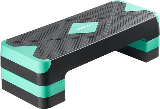 Zwarte aerobic stepper met turkooisgroene accenten en antislip oppervlak.